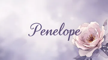 Penelope horizontal diseño 5 - Nombre en elegante tipografía cursiva caligráfica en tono lavanda, sobre fondo acuarela de cielo nublado en tonos pastel (azul, blanco, lavanda), decorado con rosa en acuarela de pétalos rosa pálido, blanco crema y lilas suaves con hojas en gris-verde.
