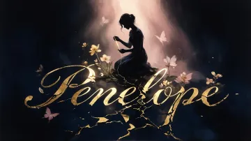 Penelope horizontal diseño 6 - Composición de ilustración semirrealista cinematográfica con silueta femenina tejiendo un hilo dorado de luz sobre un suelo oscuro fracturado al estilo Kintsugi, donde el nombre resalta en un prominente guión caligráfico dorado que emerge de las grietas, rodeado de flores blancas, mariposas y un fondo degradado de azules profundos iluminado por una luz celestial en tonos melocotón y crema, con una frase de aliento en tipografía blanca en la parte inferior.