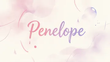 Penelope horizontal diseño 7 - Diseño abstracto en acuarela sobre fondo crema, con manchas fluidas y etéreas en rosa pastel y lila, líneas curvas que aportan movimiento, pequeñas gotas salpicadas cayendo verticalmente y una burbuja translúcida en la parte superior izquierda. El nombre resalta al centro con una tipografía cursiva amplia y elegante en degradado rosa a morado.