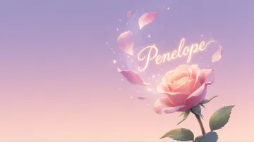 Penelope horizontal diseño 8 - Fondo de Pantalla con degradado suave que transiciona de lila en la parte superior a melocotón y rosa pastel en la base, destacando una rosa rosada hiperrealista con tallo y hojas verdes. El nombre brilla en tipografía cursiva con efecto neón cálido, adornado con pétalos cayendo y chispas de luz mágica.