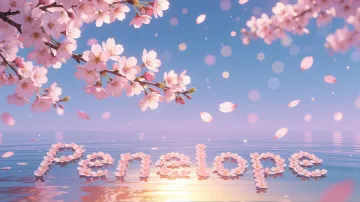 Penelope horizontal diseño 9 - Composición serena y onírica con ramas de cerezo en flor (sakura) en la parte superior contra un cielo en degradado de azul suave y lila. Pétalos de color rosa pastel flotan delicadamente en el aire cayendo hacia una superficie de agua tranquila y cristalina. En el centro inferior, el nombre está formado por pétalos de flores con un sutil efecto de relieve 3D y tipografía floral, reflejándose sobre el agua que está iluminada por un cálido destello dorado de luz solar en la esquina inferior derecha.