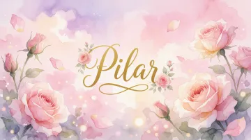 Pilar horizontal diseño 10 - Diseño estilo acuarela con un fondo etéreo y texturizado en nubes de tonos rosa pastel y lila suave. Presenta composiciones de rosas abiertas y capullos en los bordes inferior y superior, con pétalos cayendo delicadamente. Incorpora destellos de luz cálida (efecto bokeh) y, en el centro, resalta una tipografía elegante, cursiva y fluida en color dorado.