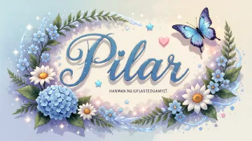 Pilar horizontal diseño 4 - Composición magica con nombre en letra cursiva azul, rodeado de hortensias azules, margaritas blancas y delicadas flores silvestres, enmarcado por suaves remolinos de agua, mariposas azules y destellos estelares sobre un fondo etéreo y romántico.