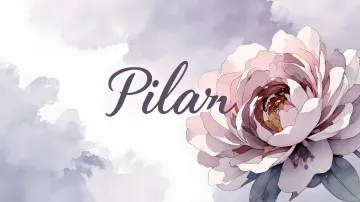 Pilar horizontal diseño 5 - Nombre en elegante tipografía cursiva caligráfica en tono lavanda, sobre fondo acuarela de cielo nublado en tonos pastel (azul, blanco, lavanda), decorado con rosa en acuarela de pétalos rosa pálido, blanco crema y lilas suaves con hojas en gris-verde.