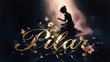 Pilar horizontal diseño 6 - Composición de ilustración semirrealista cinematográfica con silueta femenina tejiendo un hilo dorado de luz sobre un suelo oscuro fracturado al estilo Kintsugi, donde el nombre resalta en un prominente guión caligráfico dorado que emerge de las grietas, rodeado de flores blancas, mariposas y un fondo degradado de azules profundos iluminado por una luz celestial en tonos melocotón y crema, con una frase de aliento en tipografía blanca en la parte inferior.
