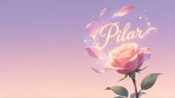 Pilar horizontal diseño 8 - Fondo de Pantalla con degradado suave que transiciona de lila en la parte superior a melocotón y rosa pastel en la base, destacando una rosa rosada hiperrealista con tallo y hojas verdes. El nombre brilla en tipografía cursiva con efecto neón cálido, adornado con pétalos cayendo y chispas de luz mágica.