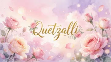 Quetzalli horizontal diseño 10 - Diseño estilo acuarela con un fondo etéreo y texturizado en nubes de tonos rosa pastel y lila suave. Presenta composiciones de rosas abiertas y capullos en los bordes inferior y superior, con pétalos cayendo delicadamente. Incorpora destellos de luz cálida (efecto bokeh) y, en el centro, resalta una tipografía elegante, cursiva y fluida en color dorado.