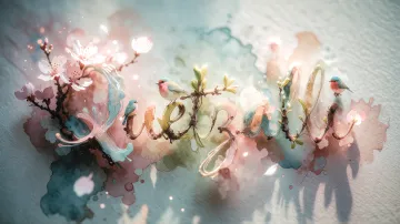 Quetzalli horizontal diseño 11 - Un delicado diseño de estilo acuarela digital que combina una tipografía de caligrafía personalizada para el nombre en tonos dorados y rosados suaves, adornada con pequeñas hojas y brotes. Un pajarito azul y naranja vibrante está posado en una de las letras. Todo está rodeado por un marco circular de ramas de cerezo en flor con delicadas flores rosadas y blancas. El fondo es un lavado de acuarela difuminado en tonos pastel suaves de azul cerceta, rosa rubor y melocotón sobre una textura de papel rugoso, con destellos luminosos y motas de luz bokeh flotando alrededor, creando una atmósfera mágica y soñadora. Las sombras suaves proyectadas añaden profundidad.