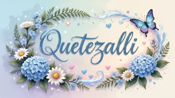Quetzalli horizontal diseño 4 - Composición magica con nombre en letra cursiva azul, rodeado de hortensias azules, margaritas blancas y delicadas flores silvestres, enmarcado por suaves remolinos de agua, mariposas azules y destellos estelares sobre un fondo etéreo y romántico.