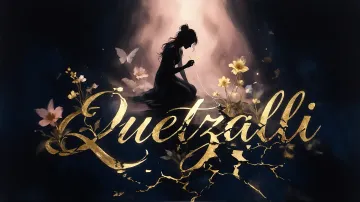 Quetzalli horizontal diseño 6 - Composición de ilustración semirrealista cinematográfica con silueta femenina tejiendo un hilo dorado de luz sobre un suelo oscuro fracturado al estilo Kintsugi, donde el nombre resalta en un prominente guión caligráfico dorado que emerge de las grietas, rodeado de flores blancas, mariposas y un fondo degradado de azules profundos iluminado por una luz celestial en tonos melocotón y crema, con una frase de aliento en tipografía blanca en la parte inferior.