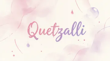 Quetzalli horizontal diseño 7 - Diseño abstracto en acuarela sobre fondo crema, con manchas fluidas y etéreas en rosa pastel y lila, líneas curvas que aportan movimiento, pequeñas gotas salpicadas cayendo verticalmente y una burbuja translúcida en la parte superior izquierda. El nombre resalta al centro con una tipografía cursiva amplia y elegante en degradado rosa a morado.