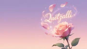 Quetzalli horizontal diseño 8 - Fondo de Pantalla con degradado suave que transiciona de lila en la parte superior a melocotón y rosa pastel en la base, destacando una rosa rosada hiperrealista con tallo y hojas verdes. El nombre brilla en tipografía cursiva con efecto neón cálido, adornado con pétalos cayendo y chispas de luz mágica.