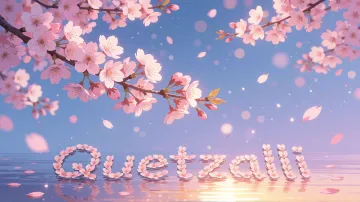 Quetzalli horizontal diseño 9 - Composición serena y onírica con ramas de cerezo en flor (sakura) en la parte superior contra un cielo en degradado de azul suave y lila. Pétalos de color rosa pastel flotan delicadamente en el aire cayendo hacia una superficie de agua tranquila y cristalina. En el centro inferior, el nombre está formado por pétalos de flores con un sutil efecto de relieve 3D y tipografía floral, reflejándose sobre el agua que está iluminada por un cálido destello dorado de luz solar en la esquina inferior derecha.