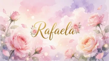 Rafaela horizontal diseño 10 - Diseño estilo acuarela con un fondo etéreo y texturizado en nubes de tonos rosa pastel y lila suave. Presenta composiciones de rosas abiertas y capullos en los bordes inferior y superior, con pétalos cayendo delicadamente. Incorpora destellos de luz cálida (efecto bokeh) y, en el centro, resalta una tipografía elegante, cursiva y fluida en color dorado.
