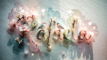 Rafaela horizontal diseño 11 - Un delicado diseño de estilo acuarela digital que combina una tipografía de caligrafía personalizada para el nombre en tonos dorados y rosados suaves, adornada con pequeñas hojas y brotes. Un pajarito azul y naranja vibrante está posado en una de las letras. Todo está rodeado por un marco circular de ramas de cerezo en flor con delicadas flores rosadas y blancas. El fondo es un lavado de acuarela difuminado en tonos pastel suaves de azul cerceta, rosa rubor y melocotón sobre una textura de papel rugoso, con destellos luminosos y motas de luz bokeh flotando alrededor, creando una atmósfera mágica y soñadora. Las sombras suaves proyectadas añaden profundidad.