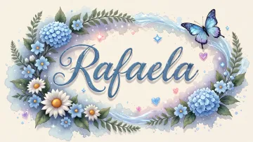 Rafaela horizontal diseño 4 - Composición magica con nombre en letra cursiva azul, rodeado de hortensias azules, margaritas blancas y delicadas flores silvestres, enmarcado por suaves remolinos de agua, mariposas azules y destellos estelares sobre un fondo etéreo y romántico.