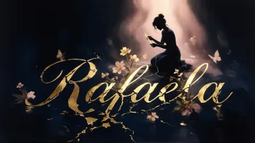 Rafaela horizontal diseño 6 - Composición de ilustración semirrealista cinematográfica con silueta femenina tejiendo un hilo dorado de luz sobre un suelo oscuro fracturado al estilo Kintsugi, donde el nombre resalta en un prominente guión caligráfico dorado que emerge de las grietas, rodeado de flores blancas, mariposas y un fondo degradado de azules profundos iluminado por una luz celestial en tonos melocotón y crema, con una frase de aliento en tipografía blanca en la parte inferior.