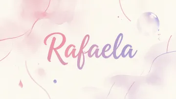 Rafaela horizontal diseño 7 - Diseño abstracto en acuarela sobre fondo crema, con manchas fluidas y etéreas en rosa pastel y lila, líneas curvas que aportan movimiento, pequeñas gotas salpicadas cayendo verticalmente y una burbuja translúcida en la parte superior izquierda. El nombre resalta al centro con una tipografía cursiva amplia y elegante en degradado rosa a morado.