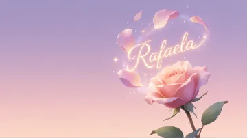 Rafaela horizontal diseño 8 - Fondo de Pantalla con degradado suave que transiciona de lila en la parte superior a melocotón y rosa pastel en la base, destacando una rosa rosada hiperrealista con tallo y hojas verdes. El nombre brilla en tipografía cursiva con efecto neón cálido, adornado con pétalos cayendo y chispas de luz mágica.