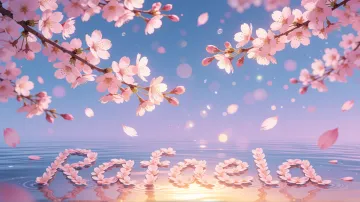 Rafaela horizontal diseño 9 - Composición serena y onírica con ramas de cerezo en flor (sakura) en la parte superior contra un cielo en degradado de azul suave y lila. Pétalos de color rosa pastel flotan delicadamente en el aire cayendo hacia una superficie de agua tranquila y cristalina. En el centro inferior, el nombre está formado por pétalos de flores con un sutil efecto de relieve 3D y tipografía floral, reflejándose sobre el agua que está iluminada por un cálido destello dorado de luz solar en la esquina inferior derecha.