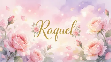 Raquel horizontal diseño 10 - Diseño estilo acuarela con un fondo etéreo y texturizado en nubes de tonos rosa pastel y lila suave. Presenta composiciones de rosas abiertas y capullos en los bordes inferior y superior, con pétalos cayendo delicadamente. Incorpora destellos de luz cálida (efecto bokeh) y, en el centro, resalta una tipografía elegante, cursiva y fluida en color dorado.