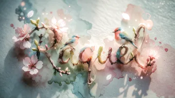 Raquel horizontal diseño 11 - Un delicado diseño de estilo acuarela digital que combina una tipografía de caligrafía personalizada para el nombre en tonos dorados y rosados suaves, adornada con pequeñas hojas y brotes. Un pajarito azul y naranja vibrante está posado en una de las letras. Todo está rodeado por un marco circular de ramas de cerezo en flor con delicadas flores rosadas y blancas. El fondo es un lavado de acuarela difuminado en tonos pastel suaves de azul cerceta, rosa rubor y melocotón sobre una textura de papel rugoso, con destellos luminosos y motas de luz bokeh flotando alrededor, creando una atmósfera mágica y soñadora. Las sombras suaves proyectadas añaden profundidad.