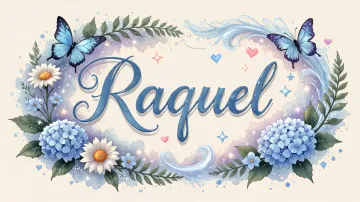 Raquel horizontal diseño 4 - Composición magica con nombre en letra cursiva azul, rodeado de hortensias azules, margaritas blancas y delicadas flores silvestres, enmarcado por suaves remolinos de agua, mariposas azules y destellos estelares sobre un fondo etéreo y romántico.