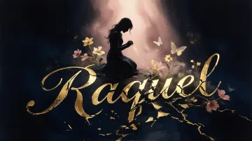 Raquel horizontal diseño 6 - Composición de ilustración semirrealista cinematográfica con silueta femenina tejiendo un hilo dorado de luz sobre un suelo oscuro fracturado al estilo Kintsugi, donde el nombre resalta en un prominente guión caligráfico dorado que emerge de las grietas, rodeado de flores blancas, mariposas y un fondo degradado de azules profundos iluminado por una luz celestial en tonos melocotón y crema, con una frase de aliento en tipografía blanca en la parte inferior.
