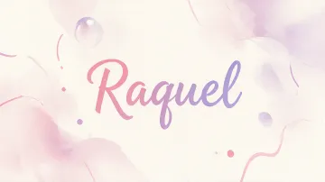 Raquel horizontal diseño 7 - Diseño abstracto en acuarela sobre fondo crema, con manchas fluidas y etéreas en rosa pastel y lila, líneas curvas que aportan movimiento, pequeñas gotas salpicadas cayendo verticalmente y una burbuja translúcida en la parte superior izquierda. El nombre resalta al centro con una tipografía cursiva amplia y elegante en degradado rosa a morado.