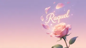 Raquel horizontal diseño 8 - Fondo de Pantalla con degradado suave que transiciona de lila en la parte superior a melocotón y rosa pastel en la base, destacando una rosa rosada hiperrealista con tallo y hojas verdes. El nombre brilla en tipografía cursiva con efecto neón cálido, adornado con pétalos cayendo y chispas de luz mágica.