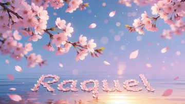 Raquel horizontal diseño 9 - Composición serena y onírica con ramas de cerezo en flor (sakura) en la parte superior contra un cielo en degradado de azul suave y lila. Pétalos de color rosa pastel flotan delicadamente en el aire cayendo hacia una superficie de agua tranquila y cristalina. En el centro inferior, el nombre está formado por pétalos de flores con un sutil efecto de relieve 3D y tipografía floral, reflejándose sobre el agua que está iluminada por un cálido destello dorado de luz solar en la esquina inferior derecha.