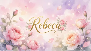Rebeca horizontal diseño 10 - Diseño estilo acuarela con un fondo etéreo y texturizado en nubes de tonos rosa pastel y lila suave. Presenta composiciones de rosas abiertas y capullos en los bordes inferior y superior, con pétalos cayendo delicadamente. Incorpora destellos de luz cálida (efecto bokeh) y, en el centro, resalta una tipografía elegante, cursiva y fluida en color dorado.