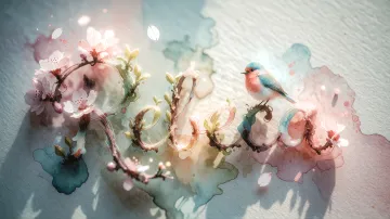 Rebeca horizontal diseño 11 - Un delicado diseño de estilo acuarela digital que combina una tipografía de caligrafía personalizada para el nombre en tonos dorados y rosados suaves, adornada con pequeñas hojas y brotes. Un pajarito azul y naranja vibrante está posado en una de las letras. Todo está rodeado por un marco circular de ramas de cerezo en flor con delicadas flores rosadas y blancas. El fondo es un lavado de acuarela difuminado en tonos pastel suaves de azul cerceta, rosa rubor y melocotón sobre una textura de papel rugoso, con destellos luminosos y motas de luz bokeh flotando alrededor, creando una atmósfera mágica y soñadora. Las sombras suaves proyectadas añaden profundidad.