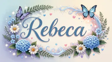 Rebeca horizontal diseño 4 - Composición magica con nombre en letra cursiva azul, rodeado de hortensias azules, margaritas blancas y delicadas flores silvestres, enmarcado por suaves remolinos de agua, mariposas azules y destellos estelares sobre un fondo etéreo y romántico.