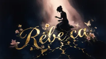 Rebeca horizontal diseño 6 - Composición de ilustración semirrealista cinematográfica con silueta femenina tejiendo un hilo dorado de luz sobre un suelo oscuro fracturado al estilo Kintsugi, donde el nombre resalta en un prominente guión caligráfico dorado que emerge de las grietas, rodeado de flores blancas, mariposas y un fondo degradado de azules profundos iluminado por una luz celestial en tonos melocotón y crema, con una frase de aliento en tipografía blanca en la parte inferior.