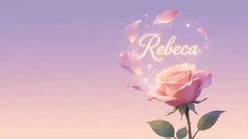 Rebeca horizontal diseño 8 - Fondo de Pantalla con degradado suave que transiciona de lila en la parte superior a melocotón y rosa pastel en la base, destacando una rosa rosada hiperrealista con tallo y hojas verdes. El nombre brilla en tipografía cursiva con efecto neón cálido, adornado con pétalos cayendo y chispas de luz mágica.