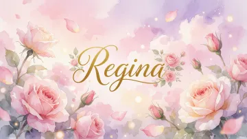 Regina horizontal diseño 10 - Diseño estilo acuarela con un fondo etéreo y texturizado en nubes de tonos rosa pastel y lila suave. Presenta composiciones de rosas abiertas y capullos en los bordes inferior y superior, con pétalos cayendo delicadamente. Incorpora destellos de luz cálida (efecto bokeh) y, en el centro, resalta una tipografía elegante, cursiva y fluida en color dorado.
