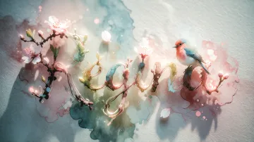 Regina horizontal diseño 11 - Un delicado diseño de estilo acuarela digital que combina una tipografía de caligrafía personalizada para el nombre en tonos dorados y rosados suaves, adornada con pequeñas hojas y brotes. Un pajarito azul y naranja vibrante está posado en una de las letras. Todo está rodeado por un marco circular de ramas de cerezo en flor con delicadas flores rosadas y blancas. El fondo es un lavado de acuarela difuminado en tonos pastel suaves de azul cerceta, rosa rubor y melocotón sobre una textura de papel rugoso, con destellos luminosos y motas de luz bokeh flotando alrededor, creando una atmósfera mágica y soñadora. Las sombras suaves proyectadas añaden profundidad.