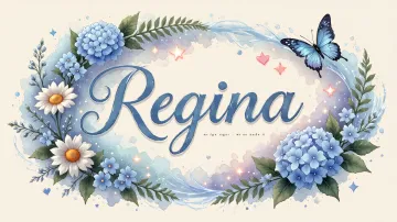 Regina horizontal diseño 4 - Composición magica con nombre en letra cursiva azul, rodeado de hortensias azules, margaritas blancas y delicadas flores silvestres, enmarcado por suaves remolinos de agua, mariposas azules y destellos estelares sobre un fondo etéreo y romántico.