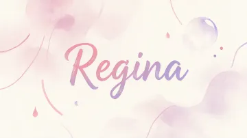 Regina horizontal diseño 7 - Diseño abstracto en acuarela sobre fondo crema, con manchas fluidas y etéreas en rosa pastel y lila, líneas curvas que aportan movimiento, pequeñas gotas salpicadas cayendo verticalmente y una burbuja translúcida en la parte superior izquierda. El nombre resalta al centro con una tipografía cursiva amplia y elegante en degradado rosa a morado.