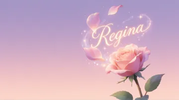 Regina horizontal diseño 8 - Fondo de Pantalla con degradado suave que transiciona de lila en la parte superior a melocotón y rosa pastel en la base, destacando una rosa rosada hiperrealista con tallo y hojas verdes. El nombre brilla en tipografía cursiva con efecto neón cálido, adornado con pétalos cayendo y chispas de luz mágica.