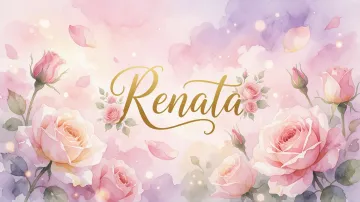 Renata horizontal diseño 10 - Diseño estilo acuarela con un fondo etéreo y texturizado en nubes de tonos rosa pastel y lila suave. Presenta composiciones de rosas abiertas y capullos en los bordes inferior y superior, con pétalos cayendo delicadamente. Incorpora destellos de luz cálida (efecto bokeh) y, en el centro, resalta una tipografía elegante, cursiva y fluida en color dorado.