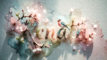Renata horizontal diseño 11 - Un delicado diseño de estilo acuarela digital que combina una tipografía de caligrafía personalizada para el nombre en tonos dorados y rosados suaves, adornada con pequeñas hojas y brotes. Un pajarito azul y naranja vibrante está posado en una de las letras. Todo está rodeado por un marco circular de ramas de cerezo en flor con delicadas flores rosadas y blancas. El fondo es un lavado de acuarela difuminado en tonos pastel suaves de azul cerceta, rosa rubor y melocotón sobre una textura de papel rugoso, con destellos luminosos y motas de luz bokeh flotando alrededor, creando una atmósfera mágica y soñadora. Las sombras suaves proyectadas añaden profundidad.