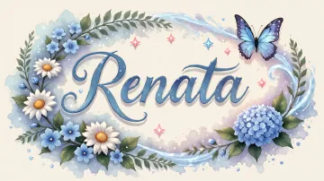 Renata horizontal diseño 4 - Composición magica con nombre en letra cursiva azul, rodeado de hortensias azules, margaritas blancas y delicadas flores silvestres, enmarcado por suaves remolinos de agua, mariposas azules y destellos estelares sobre un fondo etéreo y romántico.