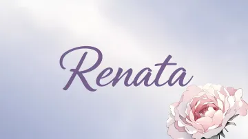 Renata horizontal diseño 5 - Nombre en elegante tipografía cursiva caligráfica en tono lavanda, sobre fondo acuarela de cielo nublado en tonos pastel (azul, blanco, lavanda), decorado con rosa en acuarela de pétalos rosa pálido, blanco crema y lilas suaves con hojas en gris-verde.