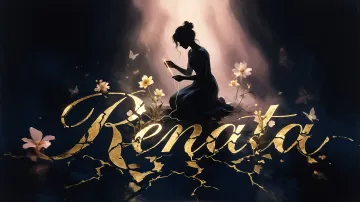 Renata horizontal diseño 6 - Composición de ilustración semirrealista cinematográfica con silueta femenina tejiendo un hilo dorado de luz sobre un suelo oscuro fracturado al estilo Kintsugi, donde el nombre resalta en un prominente guión caligráfico dorado que emerge de las grietas, rodeado de flores blancas, mariposas y un fondo degradado de azules profundos iluminado por una luz celestial en tonos melocotón y crema, con una frase de aliento en tipografía blanca en la parte inferior.