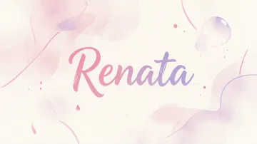 Renata horizontal diseño 7 - Diseño abstracto en acuarela sobre fondo crema, con manchas fluidas y etéreas en rosa pastel y lila, líneas curvas que aportan movimiento, pequeñas gotas salpicadas cayendo verticalmente y una burbuja translúcida en la parte superior izquierda. El nombre resalta al centro con una tipografía cursiva amplia y elegante en degradado rosa a morado.
