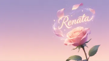 Renata horizontal diseño 8 - Fondo de Pantalla con degradado suave que transiciona de lila en la parte superior a melocotón y rosa pastel en la base, destacando una rosa rosada hiperrealista con tallo y hojas verdes. El nombre brilla en tipografía cursiva con efecto neón cálido, adornado con pétalos cayendo y chispas de luz mágica.