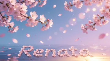 Renata horizontal diseño 9 - Composición serena y onírica con ramas de cerezo en flor (sakura) en la parte superior contra un cielo en degradado de azul suave y lila. Pétalos de color rosa pastel flotan delicadamente en el aire cayendo hacia una superficie de agua tranquila y cristalina. En el centro inferior, el nombre está formado por pétalos de flores con un sutil efecto de relieve 3D y tipografía floral, reflejándose sobre el agua que está iluminada por un cálido destello dorado de luz solar en la esquina inferior derecha.