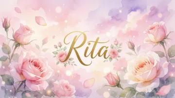 Rita horizontal diseño 10 - Diseño estilo acuarela con un fondo etéreo y texturizado en nubes de tonos rosa pastel y lila suave. Presenta composiciones de rosas abiertas y capullos en los bordes inferior y superior, con pétalos cayendo delicadamente. Incorpora destellos de luz cálida (efecto bokeh) y, en el centro, resalta una tipografía elegante, cursiva y fluida en color dorado.